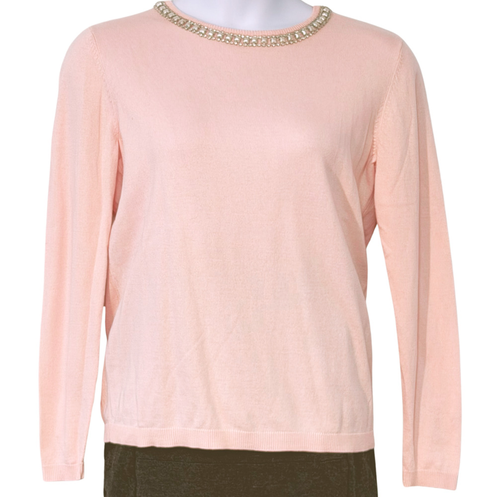 Elle Sz L Pullover Knit Sweater Coquette Pink with Silver Jewels on Neckline New